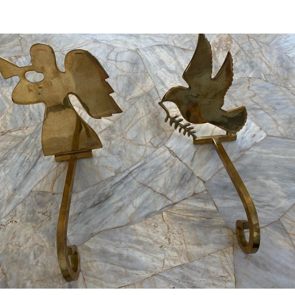 Vintage Solid Brass Christmas Stocking Holders Set of 2 Angel and Dove Gold